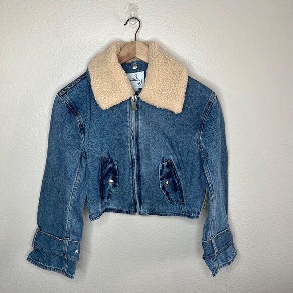 Sam Edelman Mesa High-Pile Fleece Collar Zip-Up Crop Denim Moto Jacket XS - Picture 10 of 11